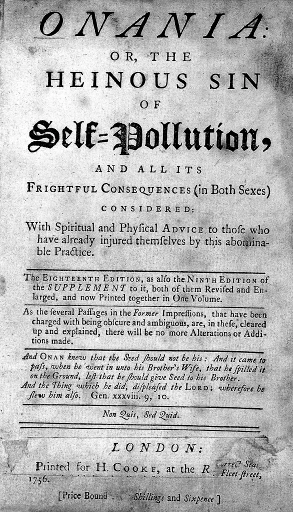 18th-century Onania pamphlet title page on the "sin of self-pollution" — history of masturbation shame essay, 49Grey