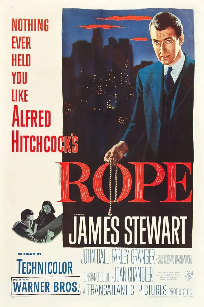 Vintage Alfred Hitchcock's Rope movie poster featuring James Stewart holding a rope — queer subtext film essay, 49Grey